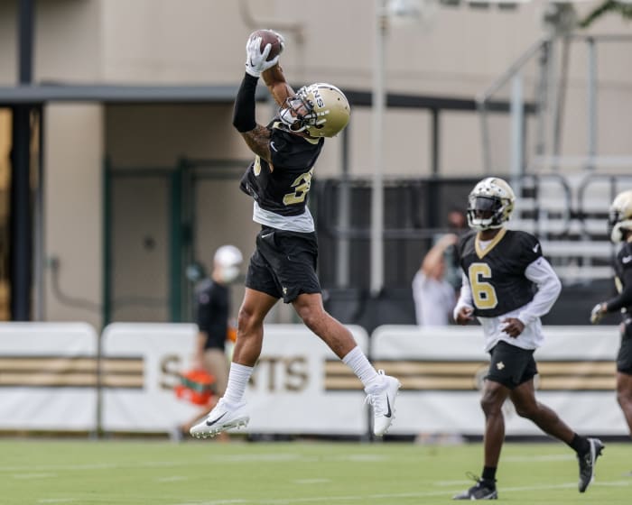 New Orleans Saints defensive back Justin Evans (30) catches a pass during training camp drills. Mandatory Credit: Stephen Lew-USA TODAY Sports